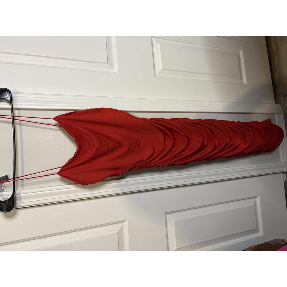 Red Ruched Spaghetti Strap Midi Dress Size M 447